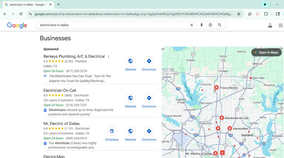 Google search results showing electricians in Dallas with a map and listings for local businesses.
