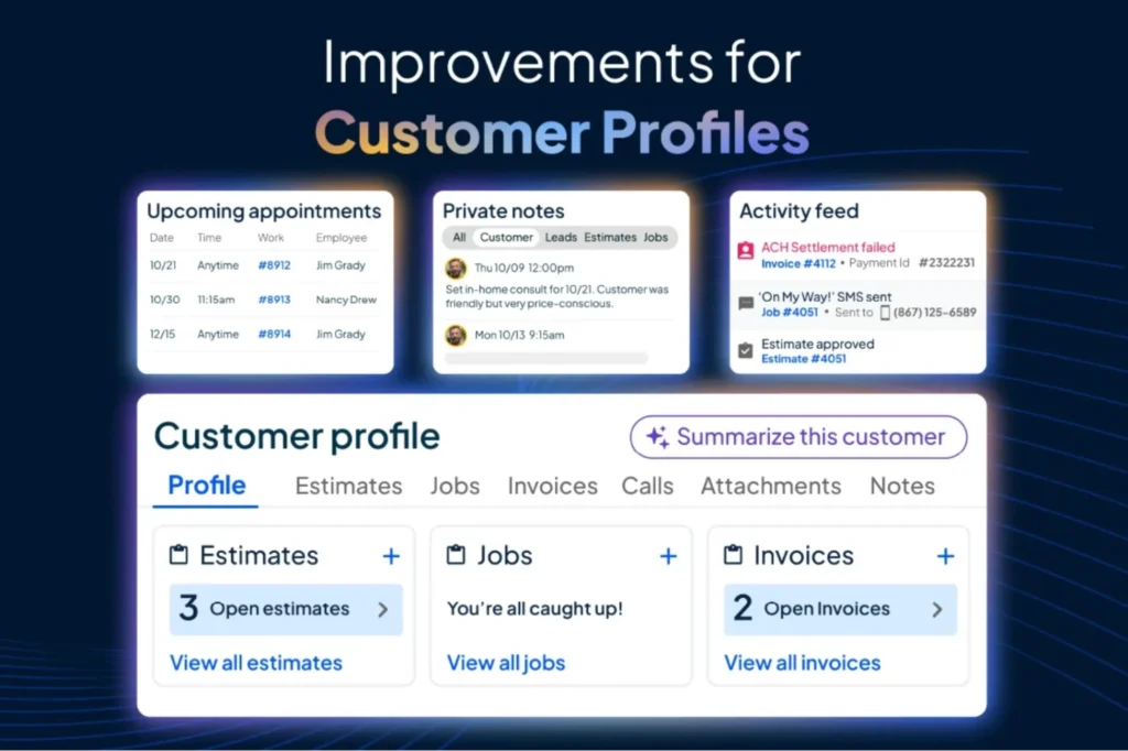 Updated customer profile with appointments, notes, and AI summary.
