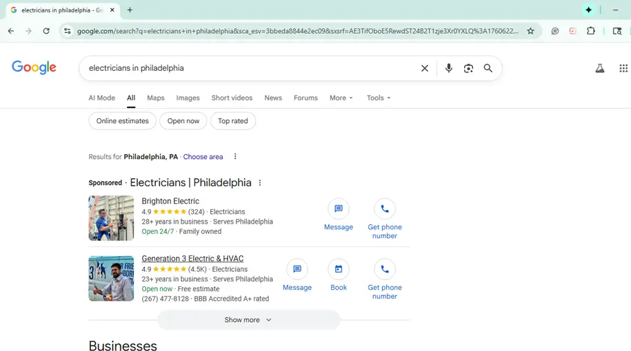 Google search results showing electricians in Philadelphia with top ads and ratings.