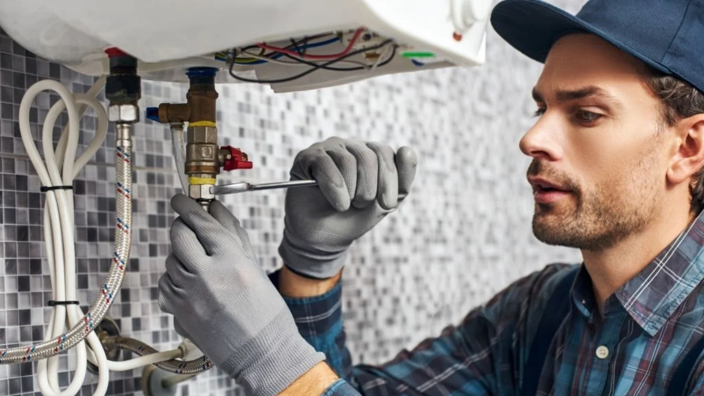 pro is setting up electric heating boiler at home bathroom