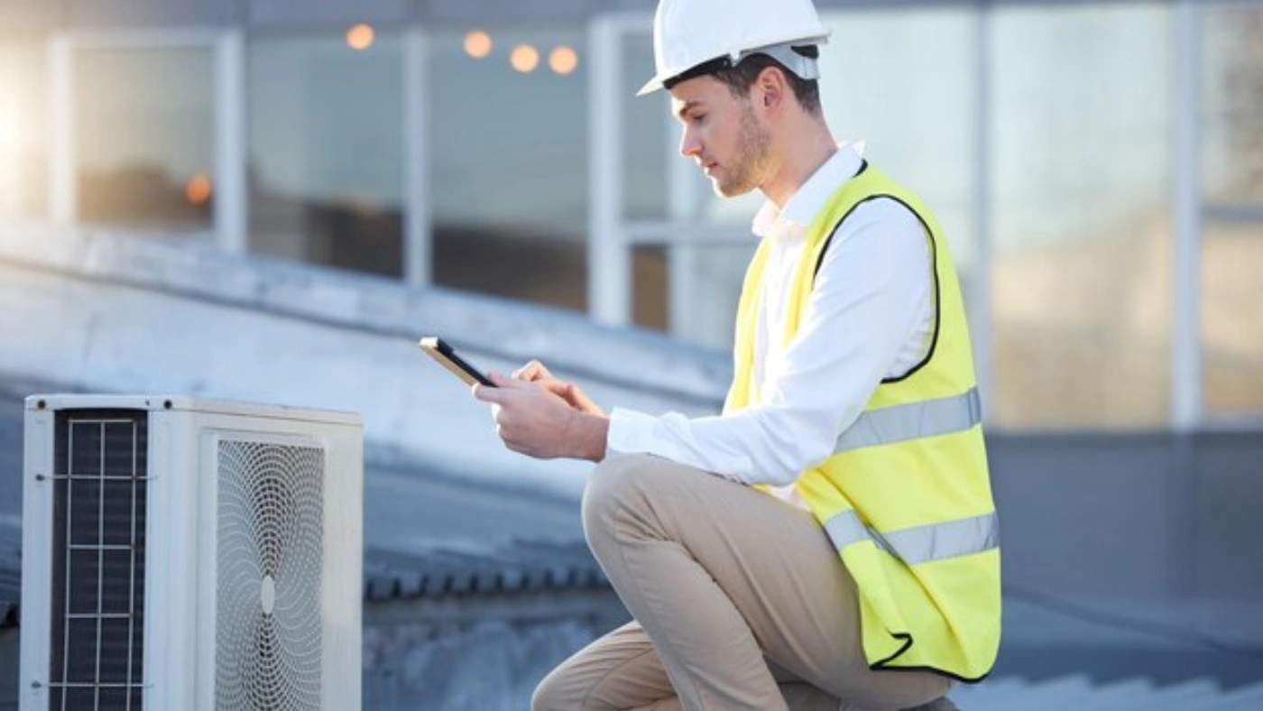 HVAC technician inspecting an outdoor unit using a tablet.