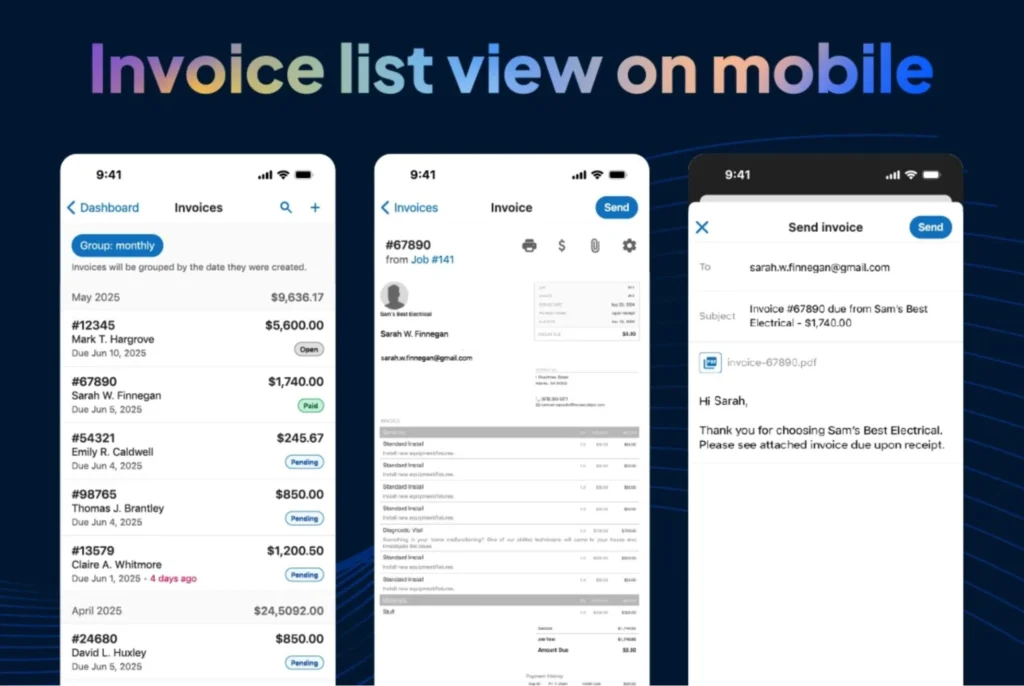 Mobile screens showing invoice list, detailed invoice, and send invoice email.
