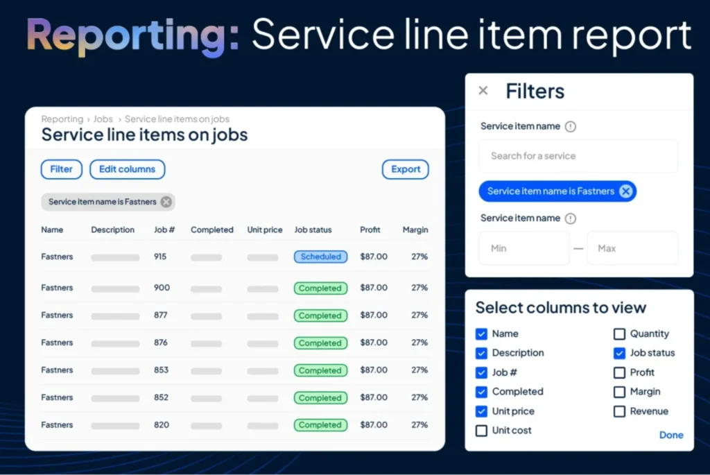 Reporting dashboard with filters and editable columns showing service job details and margins.
