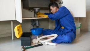 plumber clearing blockage in drain