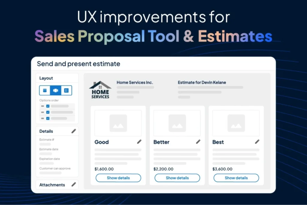 UI showing “Good, Better, Best” estimate comparison layout for customer proposals.