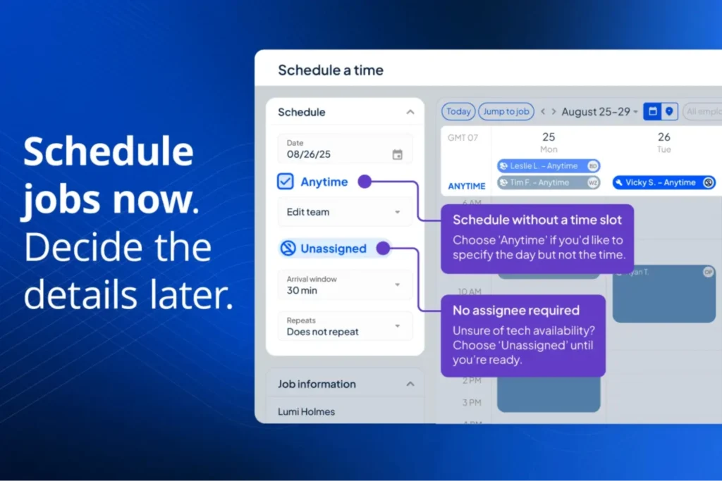 Job scheduling screen with “Anytime” and “Unassigned” options.