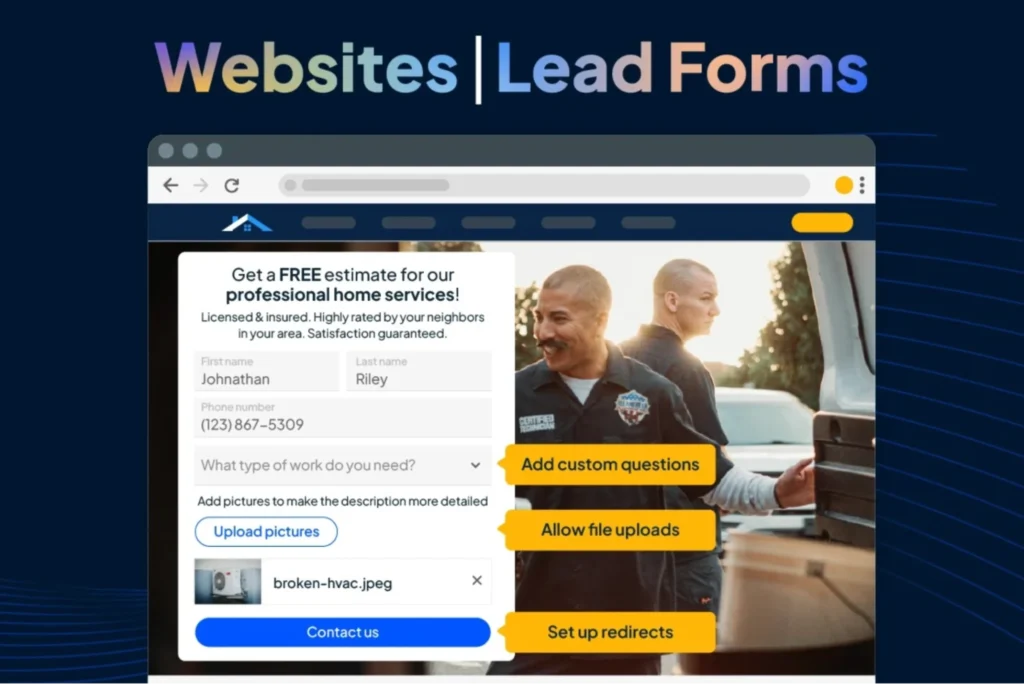 Lead form on a website for home service estimates with options to upload pictures and add questions.