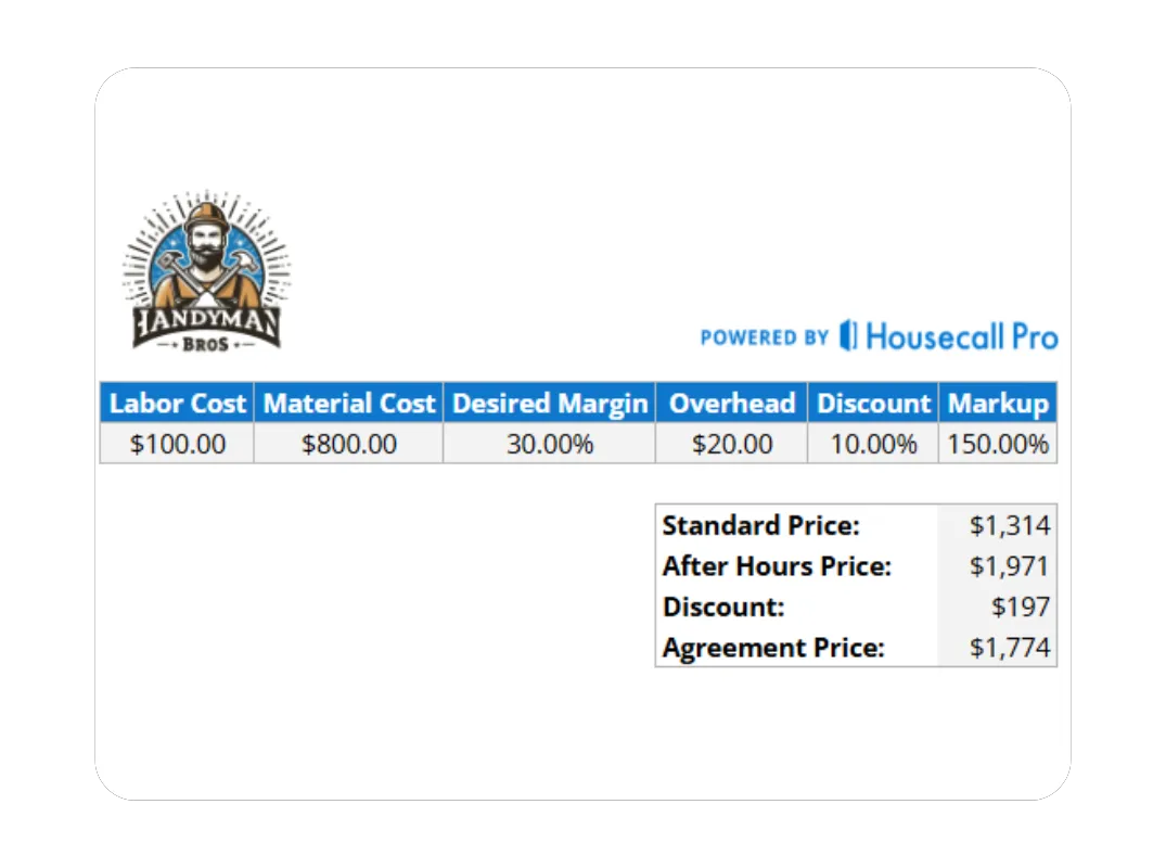 Example handyman flat rate calculator with cost, margin, and agreement price displayed on screen powered by Housecall Pro.