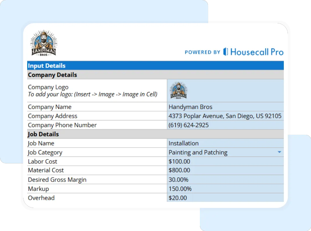 Editable handyman pricing calculator with job name, gross margin, and discount breakdown for service estimates.