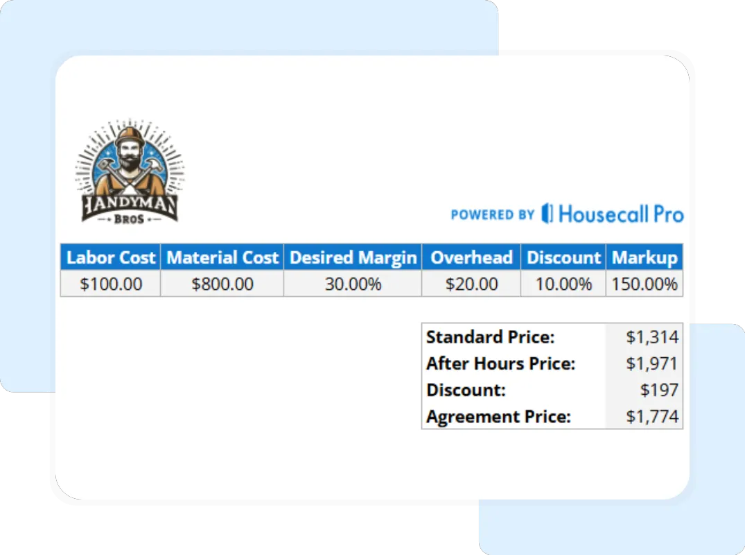 Handyman flat rate pricing template with standard and after-hours pricing, discount, and markup values.