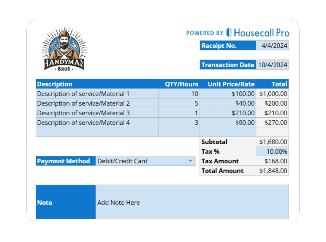 Handyman receipt template preview showing payment method, notes, and customer details for small business contractors.