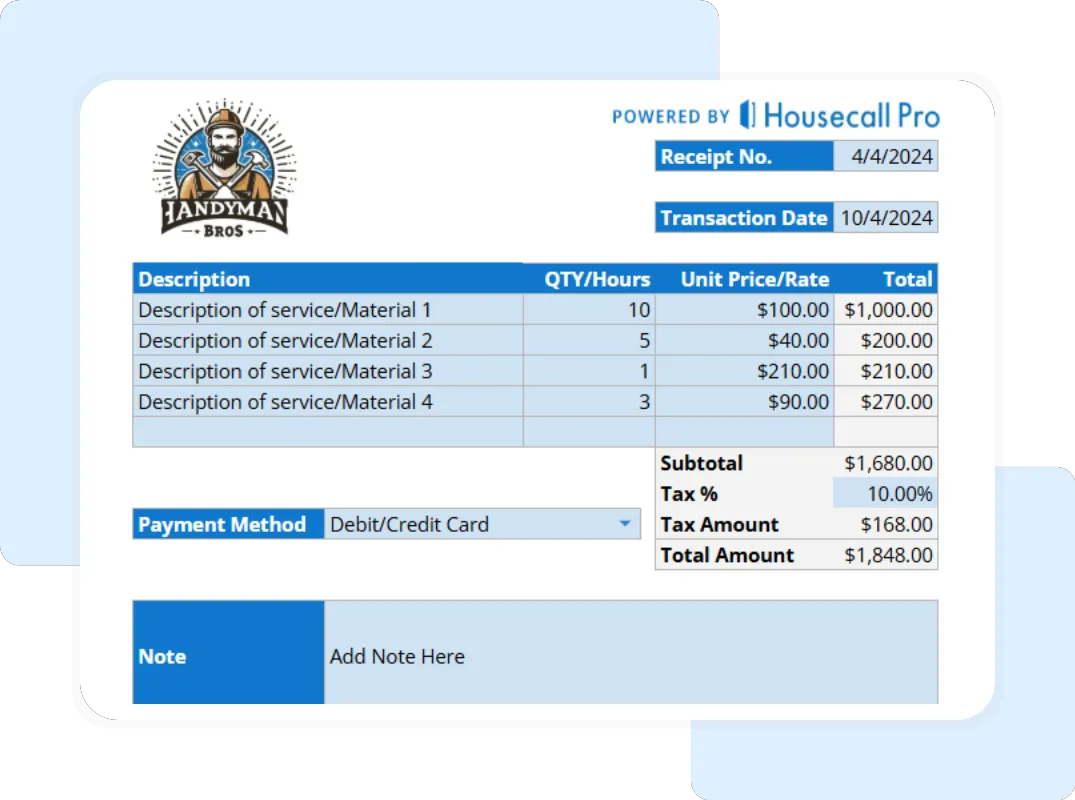 Professional handyman receipt spreadsheet with unit price, quantity, and tax summary fields.