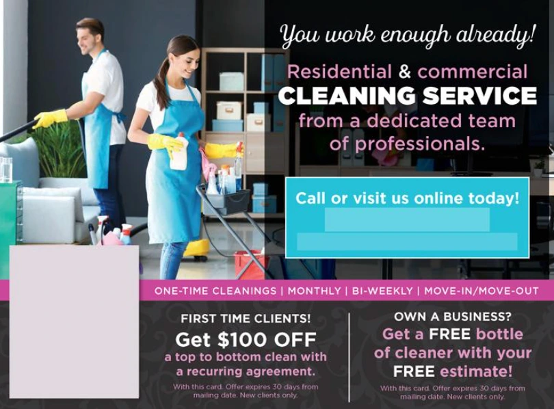 - Housecall Pro residential and commercial cleaning service postcard design example