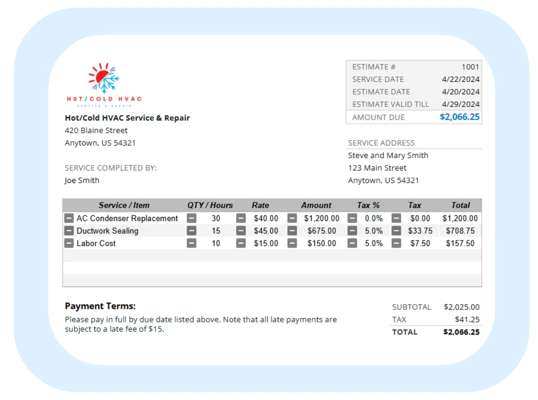 HVAC estimate form example with payment terms, service date, and total project amount for small business contractors.