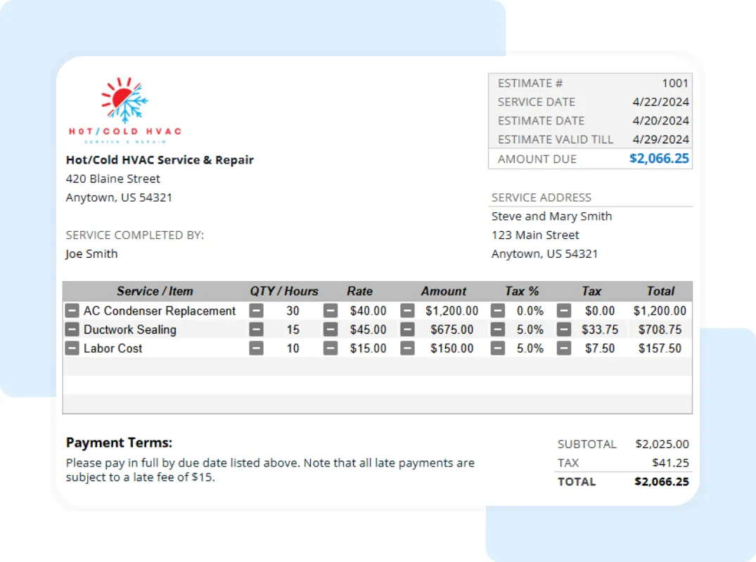 Detailed HVAC estimate form in Excel format for heating and cooling services including quantity, rate, and tax columns.