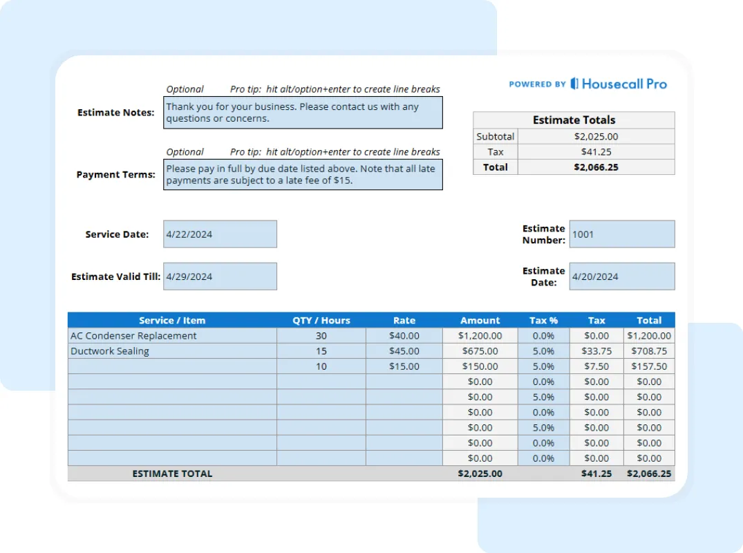 Professional HVAC estimate spreadsheet with itemized labor, tax, and total cost breakdown for contractors by Housecall Pro.