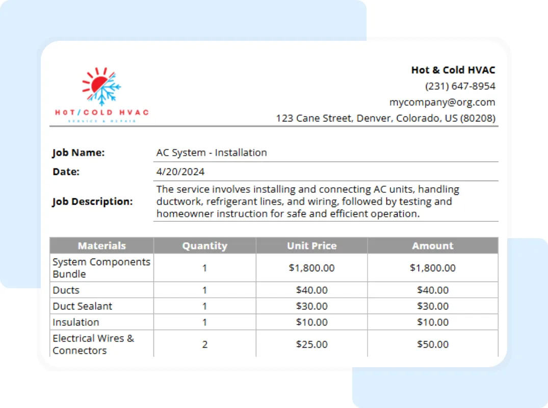 HVAC service price list template in Excel with material cost, quantity, and per-unit pricing for contractors.