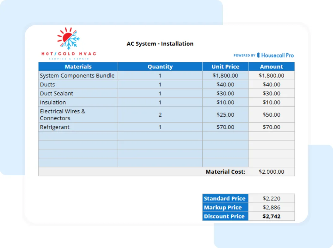 Editable HVAC pricing sheet listing standard, markup, and discount prices for AC installation materials and labor.