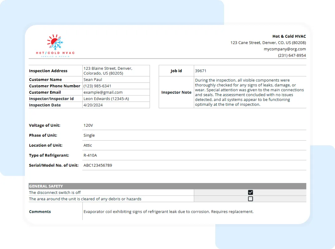 Editable HVAC inspection form showing technician inputs, general safety section, and equipment model details.