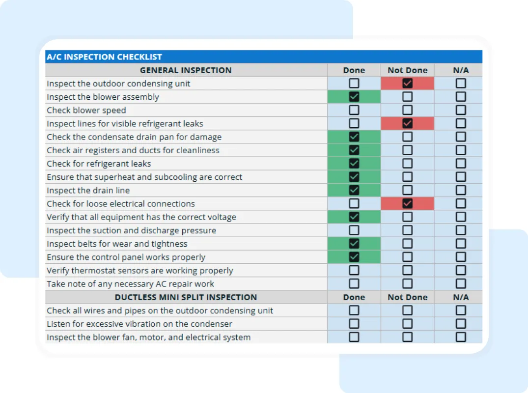 HVAC system inspection template with job ID, safety checklist, and customer contact section in Excel format.