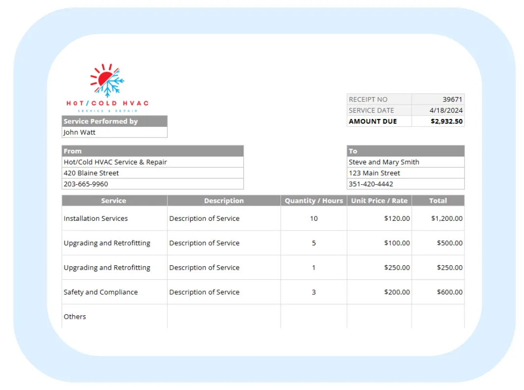HVAC receipt example showing total due, payment method, and company details from Hot/Cold HVAC powered by Housecall Pro.