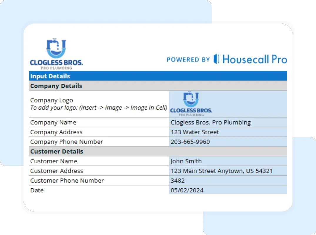 Editable plumbing service agreement form showing company and customer details section.