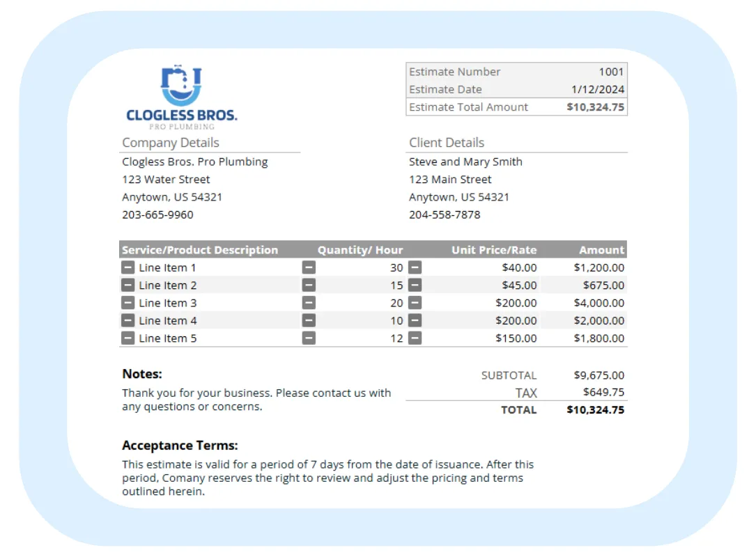 Plumbing estimate example form displaying service description, material costs, and client details for U.S. plumbing businesses.