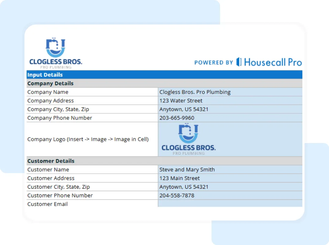 Editable plumbing estimate spreadsheet showing service descriptions, quantities, and material rates for contractors.