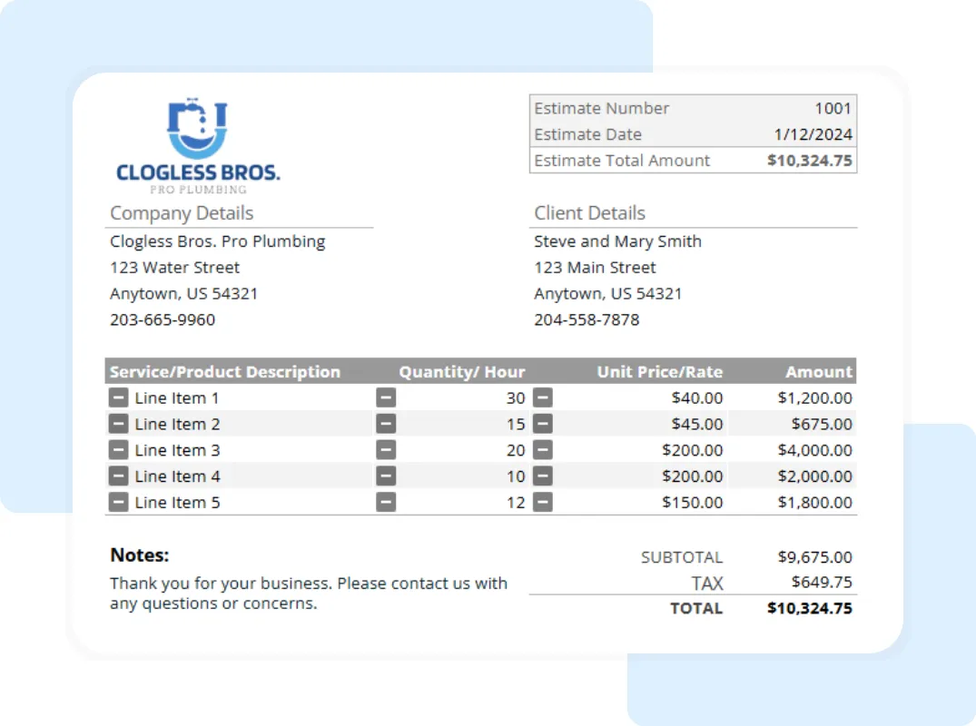 Professional plumbing estimate spreadsheet for contractors with quantity, rate, and total columns by Housecall Pro.