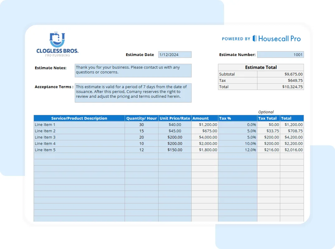 Editable plumbing estimate template showing detailed service list, unit prices, and tax calculation powered by Housecall Pro.