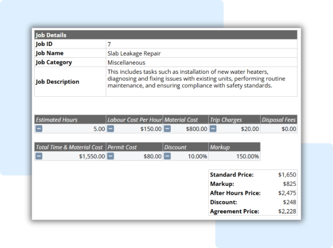 plumbing price list template printable summary tab