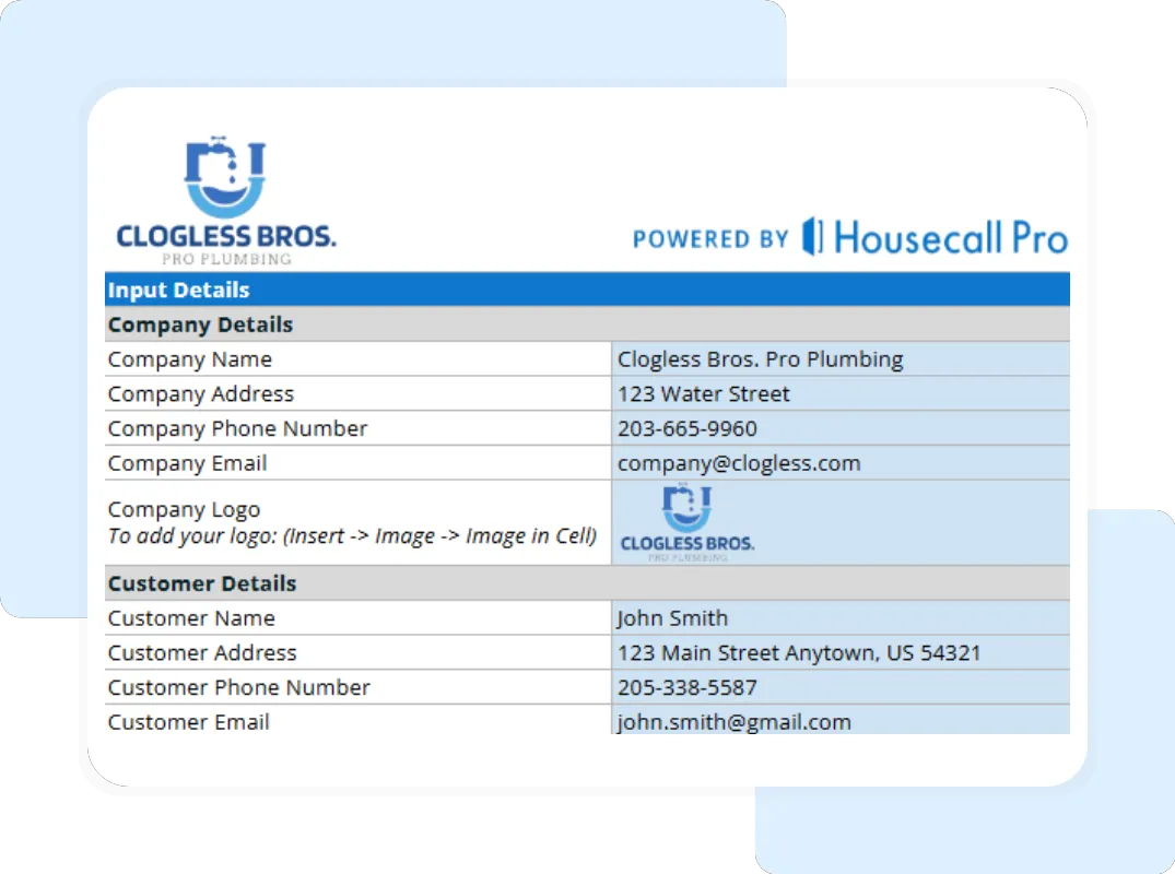 Editable plumbing receipt form template with service descriptions, labor hours, and unit pricing for professional plumbers.