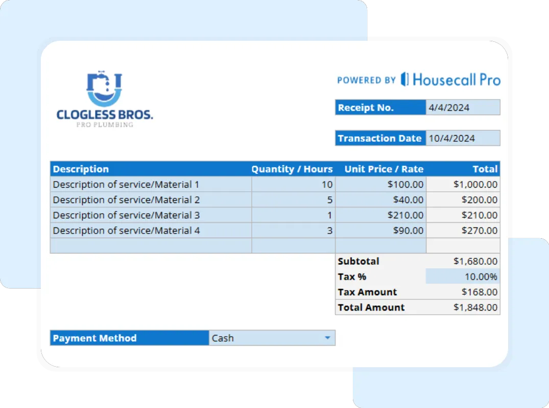 Plumbing receipt spreadsheet detailing service materials, tax percentage, and payment method powered by Housecall Pro.