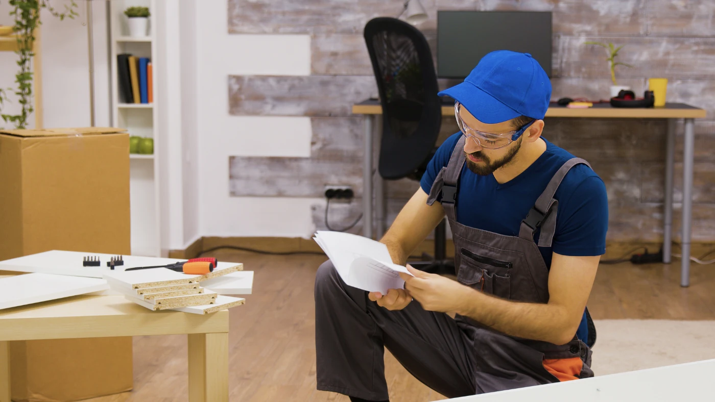 Handyman wearing safety glasses and a blue cap reading assembly instructions while preparing to build furniture in a home office.
