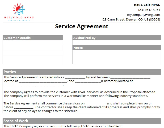 Blank HVAC service agreement template with editable fields for client, authorized signature, and work details.