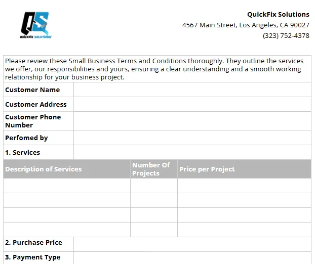 Blank small business terms and conditions template with editable fields for customer name, services, and pricing.