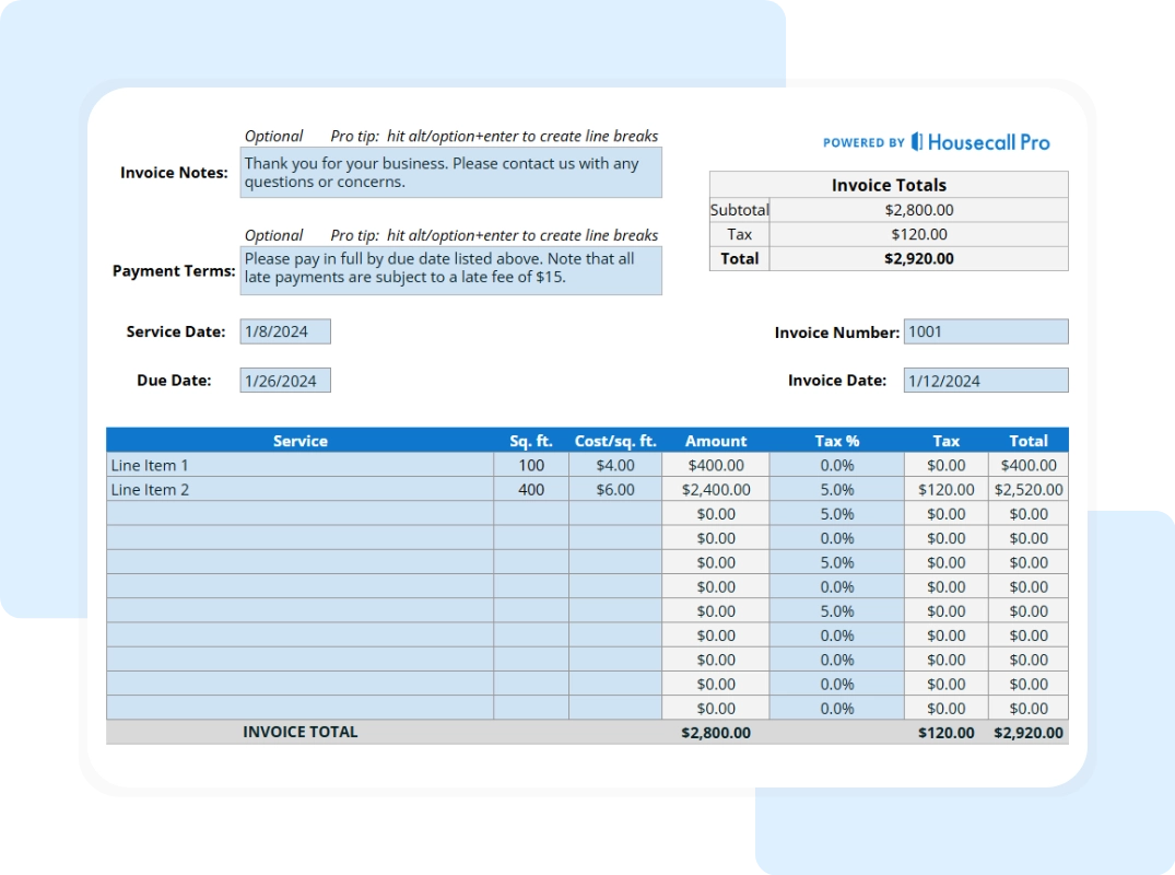 Housecall Pro carpet cleaning invoice example with itemized service list, pricing, and total payment summary.