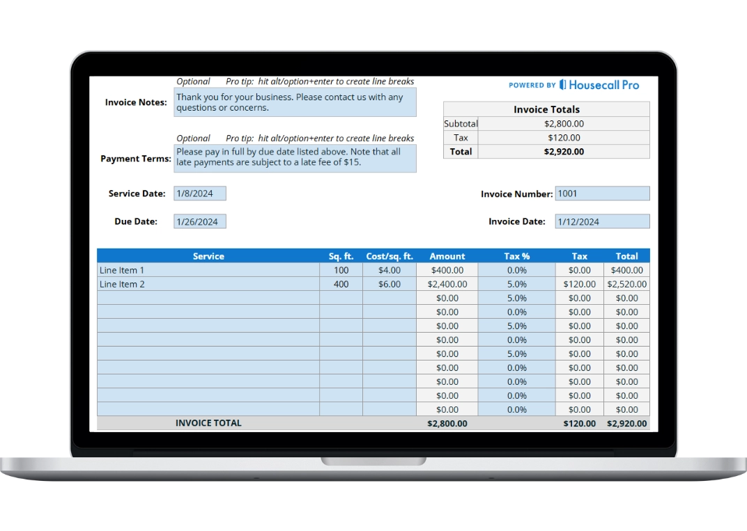 Laptop displaying a carpet cleaning invoice template with service details, pricing, and total amount, powered by Housecall Pro.