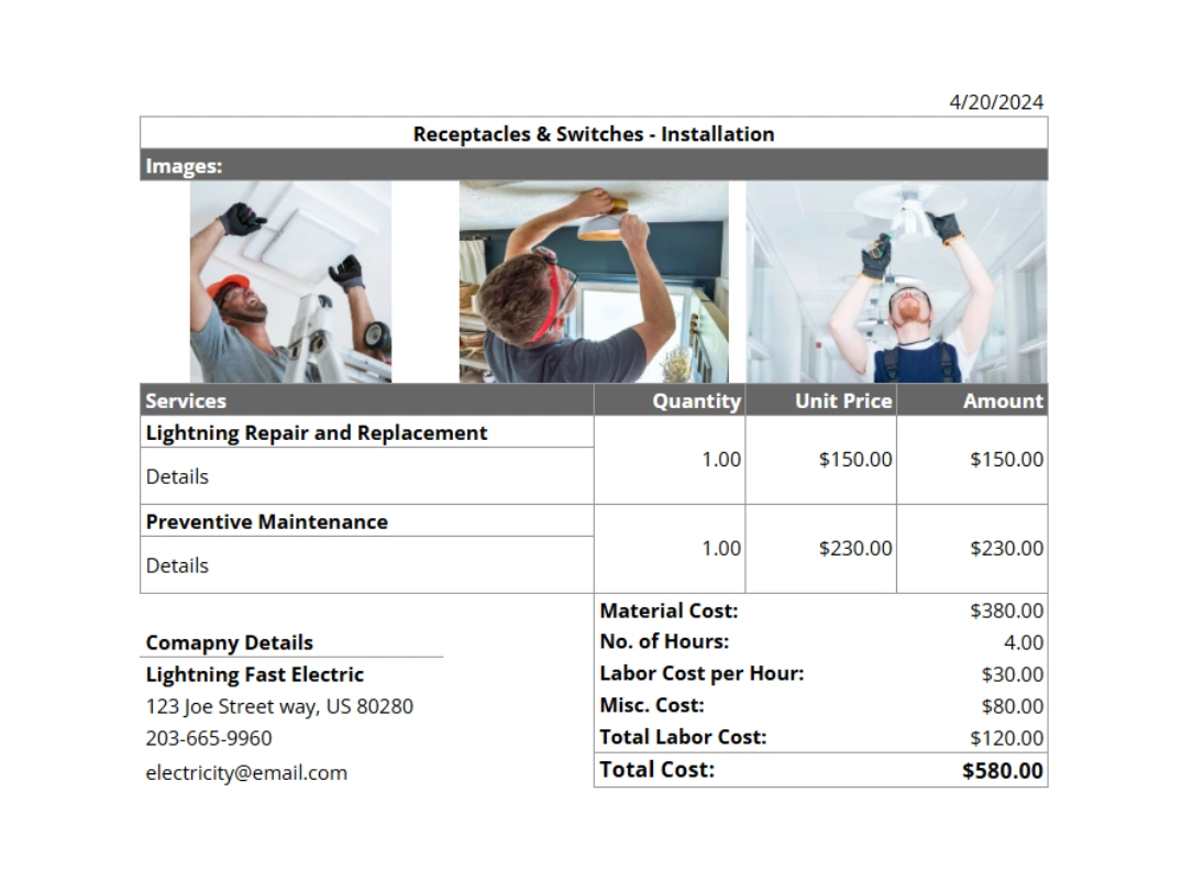 image showing the final preview of the services and the company and the customer details with the costs