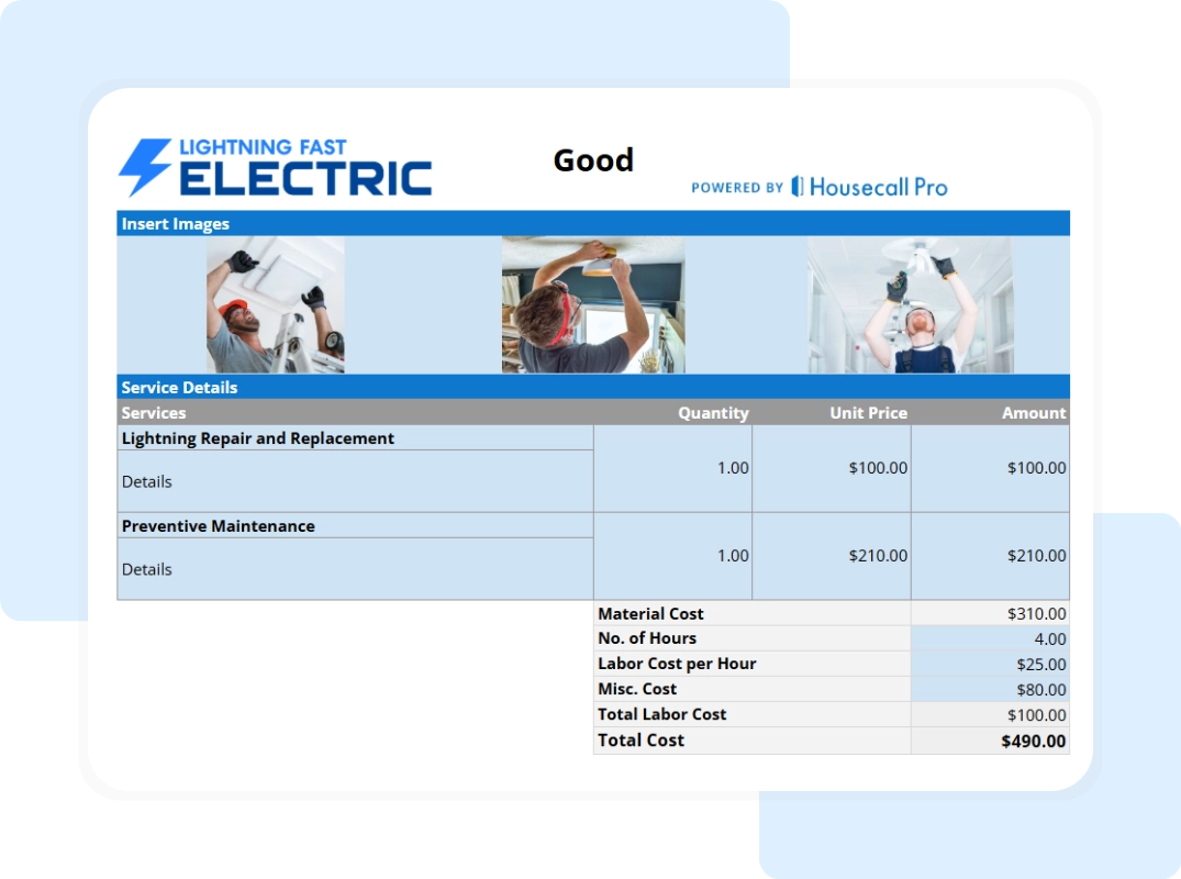 tab showing the service details and the qty and unit price with the auto calculated fields
