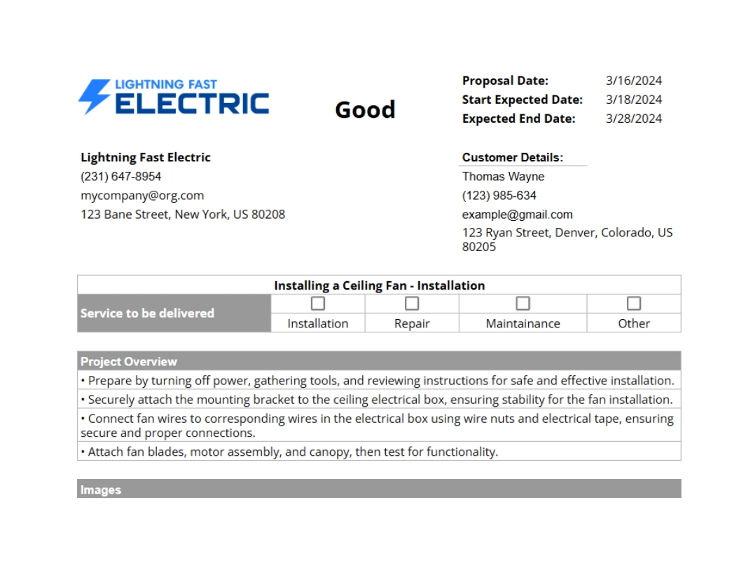 electrical proposal template preview showing company, customer, and job information
