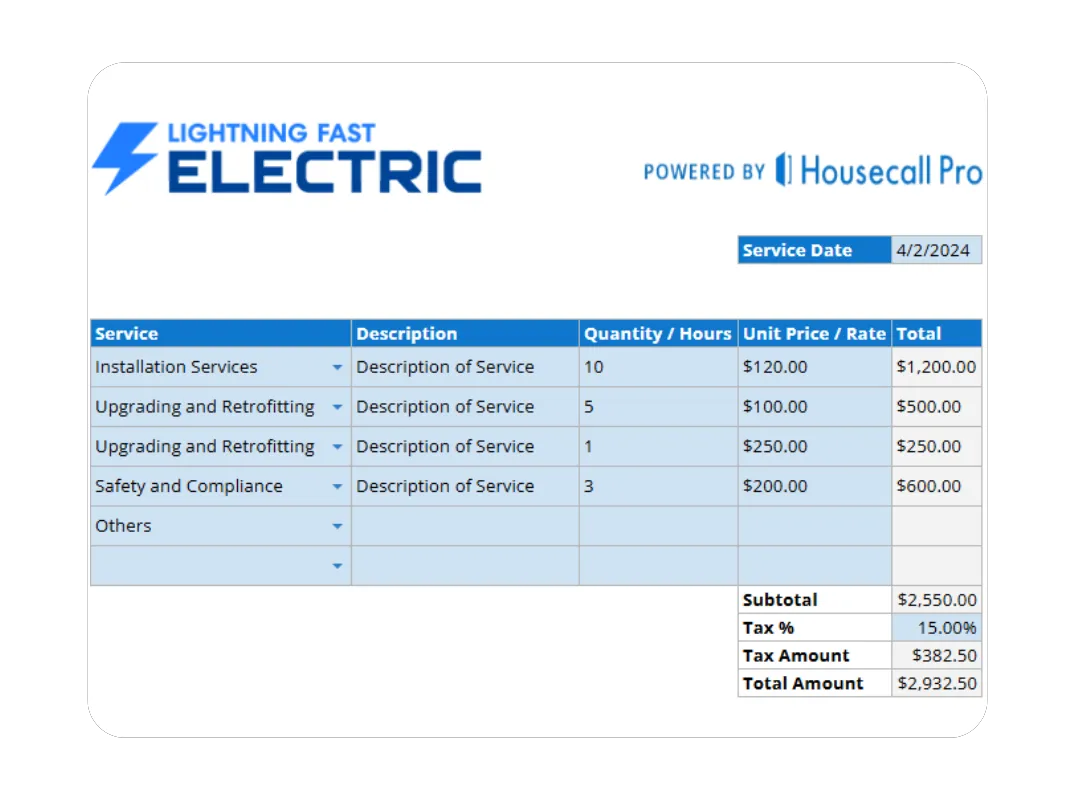 Electrical receipt template preview showing total amount, subtotal, and payment details powered by Housecall Pro.