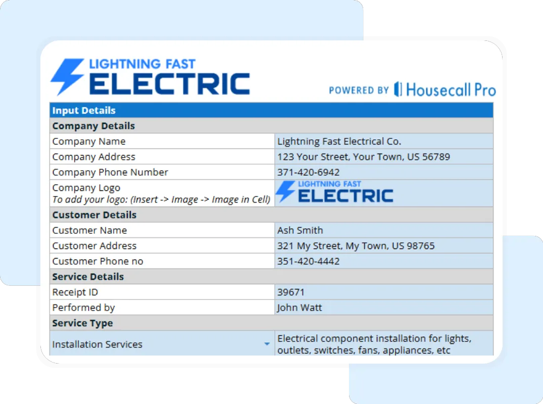 Editable electrical service receipt form listing installation, retrofitting, and safety services.