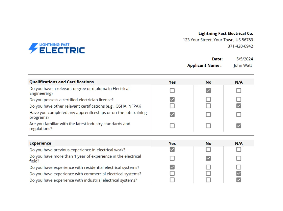 electrical recruitment template preview showing company, applicant information and the output of skill assessment