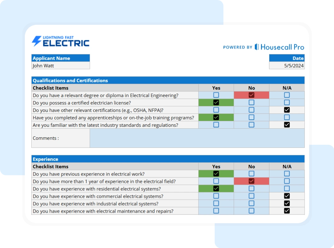 recruitment checklist tab showing pre-screening, technical, and soft skill assessment sections
