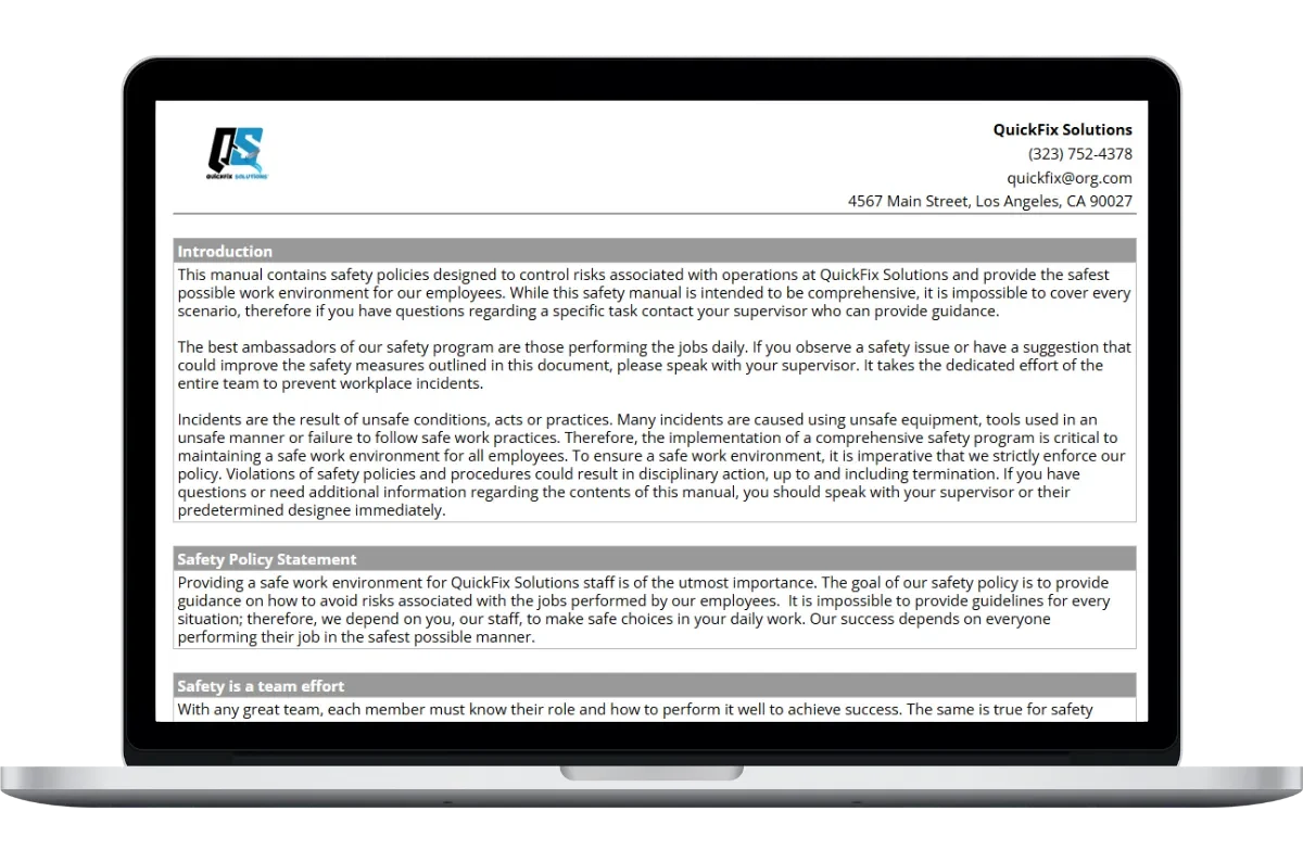 printable summary of safety manual template