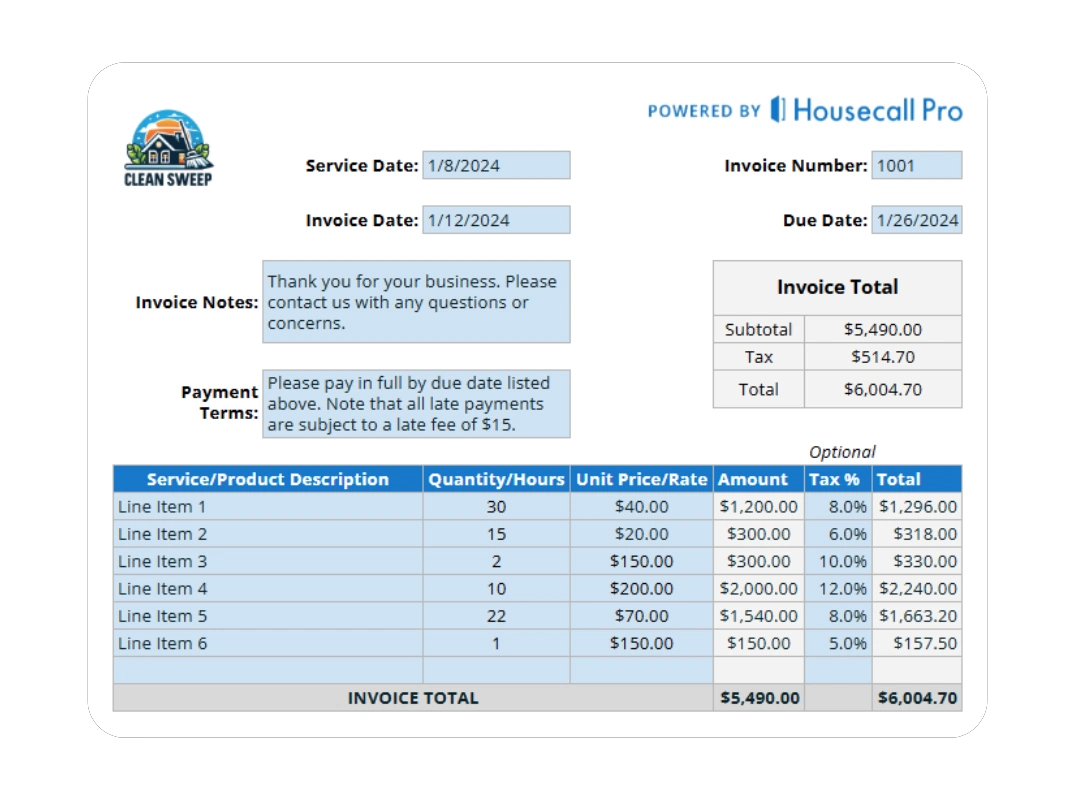Housecall Pro cleaning invoice example showing detailed service list, rates, and total payment amount.