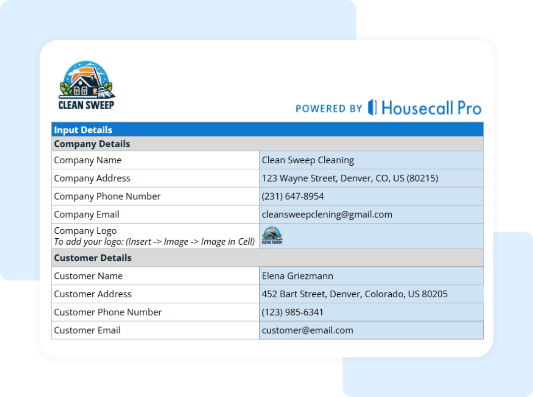 Company and Customer Information tab showing fields for entering business branding and contact details.
