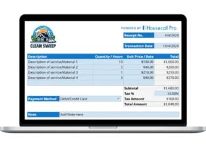 displaying a formatted table to itemize cleaning services, quantities, and rates on laptop
