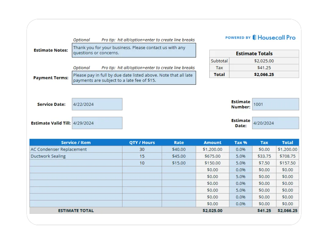 HVAC estimate template with service list, labor cost, material rates, and tax total powered by Housecall Pro.